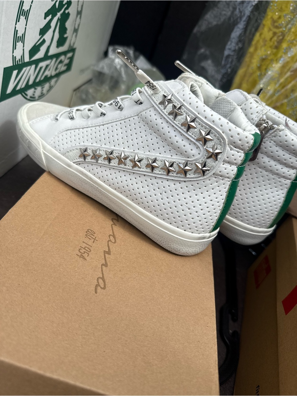 White Perforated High-Top Sneakers with Silver Star Studs